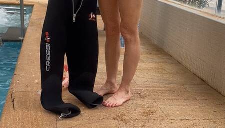 Scuba wetsuit snorkel tease in pool