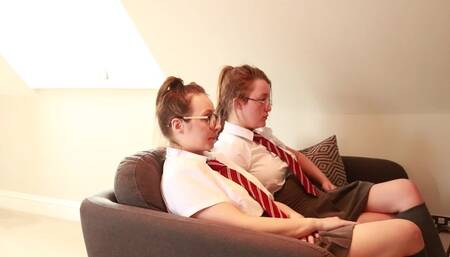 218Hot Brunette Gets Railed Behind Her Identical Stepsister's Back