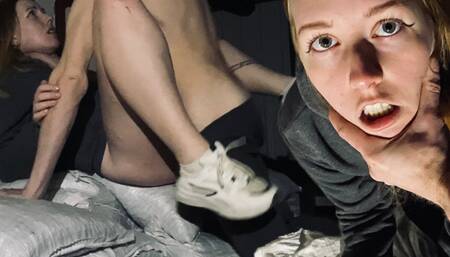 Security guard caught red-haired thief stealing and punished her with a on the street