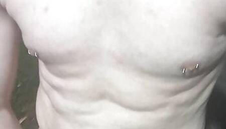 Walking down a campus path fully naked and hard!