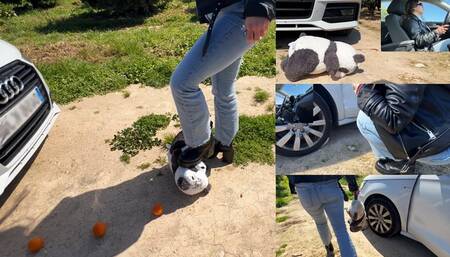 Car Crush Extreme: Hot girl crushes teddy bear under her boots and tires