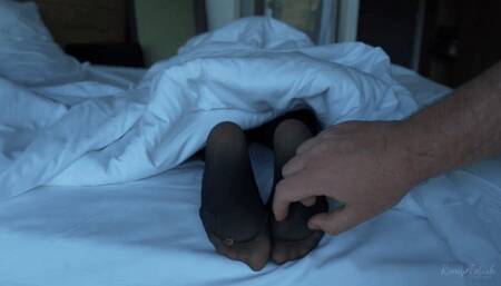 POV cute and genuine feet tickling moment in black pantyhose