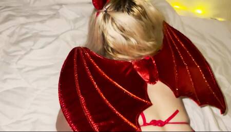 SEXY BLONDE DRESSES UP AS A DEMON TO PLEASE HER STEPBROTHER