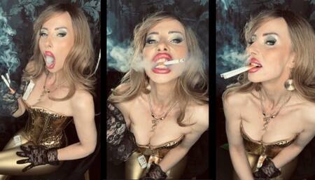 Smoking 2 marlboro 100 at once in golden corsage and leggings