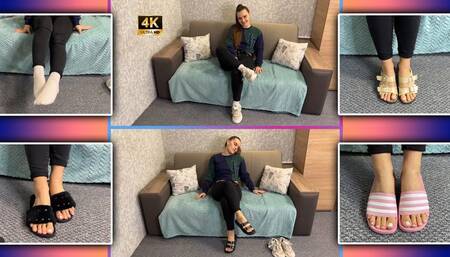 Girl in Jeans Teases Sexy Feet in Slippers and Sneakers 4K - Foot Fetish - Barefoot - Toes - Foot Worship - Shoes - White Socks - Foot Domination - Flip Flops - Dangling - Highly Arched Feet - Soles