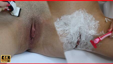 Shaving hairy vagina with trimmer and razor! Close-up!