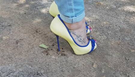 high heels walk in the forest, high heels sink, high heels stuck, shoes wrecked