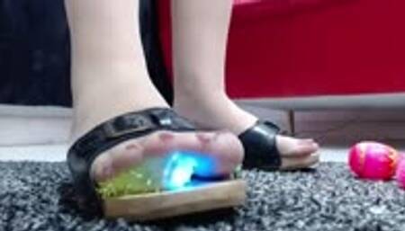 Easter crush with nylons and wooden sandals egg crush and toychicken