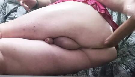 My pussy is full of fluids, I'm wearing my pink mini dress and fucking myself on the couch alone