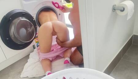 HandyMan Finds Tiny Petite Blonde Stuck Washing Machine and Fucks her with Toys and his Dick to help