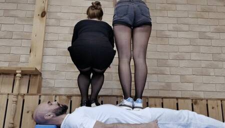 Educational trampling #10 (Part 2): sneaker trampling & double squatting on man & hard jumping from the shelf