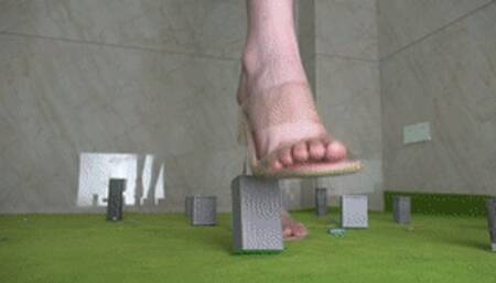 Snowy female giant stomps on the city, high heels stomp on buildings with beautiful feet!