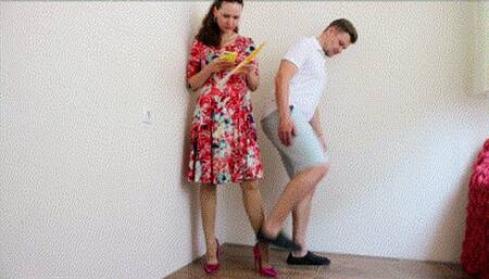 Stomping on foot in stocking in rose shoes