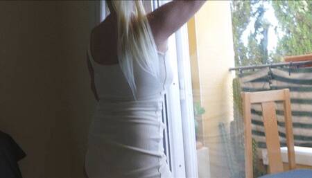 Orgasm fucking a glass dildo up inside my tight wet pussy in a long dress hitched up & bare feet cum