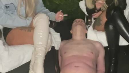 Ashtray slave with two blonde brats