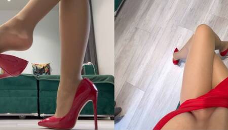 Tapping and cross legs with red heels and nylon pantyhose 20 den