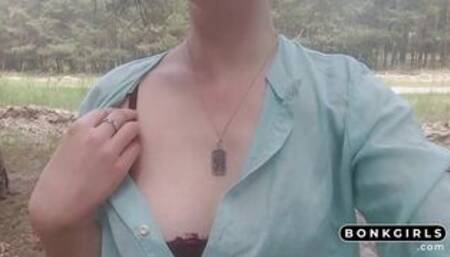 Exhibitionist teen undresses on webcam near the road