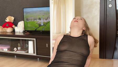 Hot blonde in black see-through dress