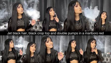 Jet black hair, black crop top and double pumps in a marlboro red