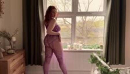 Touching Myself In My Crotchless Fishnet Purple Bodystocking - Fishnet Nylon Encasement