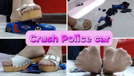 crushing crush the nice police toy car in nylons and 2 hard sandal heels