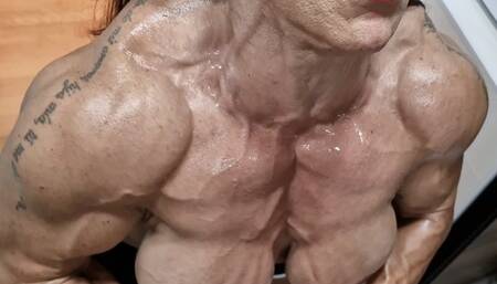 fbb Xtreme ripped chest pec bouncing flexing in the mirror getting pump grunting alpha female roided testo muscle mass last year unpublised exclusive video red lips topless pumpedin the bathroom!