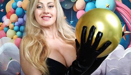 Blonde in Black Latex Gloves Teases & Pops Golden Balloon