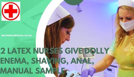 2 latex nurses give Dolly enema, shaving, anal exploration and manual sample collection