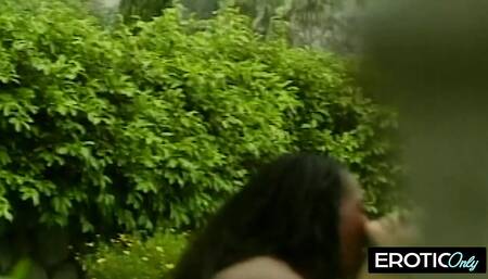 He rubs her clit while fucking her silly