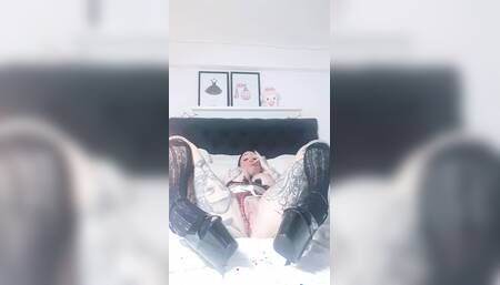 Schoolgirl cums hard with dildo.