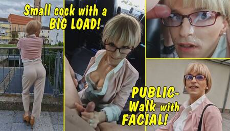 Small cock with a big load of sperm! Tranny Public walk with a cum face!!