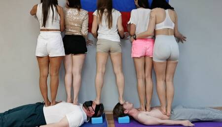 Multitrampling contest #79 (Part 1): 5 girls barefoot trampling & intense running & squashing faces and throats