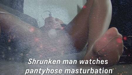 Shrunken man watches Pantyhose masturbation up close