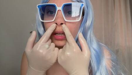 I play with my nose in a cosplay costume and medical gloves