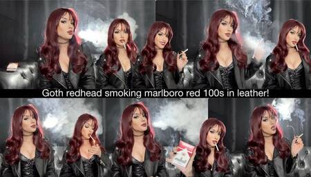 Goth redhead smoking marlboro red 100s in leather!