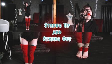 Strung Up and Strung Out 4k | Ditria Rose is in a straitjacket that's connected to the wooden beam above via two chains; to make matters worse, she will never get it down, because her ankles are also tied, as are her toes!