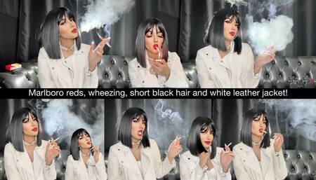 Marlboro reds, wheezing, short black hair and white leather jacket!