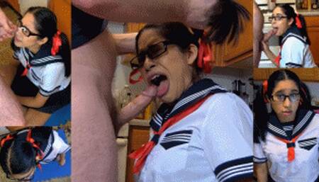 eRica wears a Japanese Sailor Schoolgirl uniform! She gets face fucked, has her pigtails used as handlebars, & gets blasted with cum!