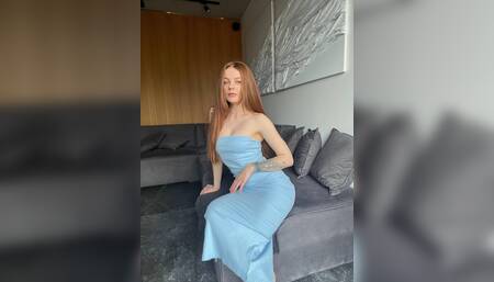 Hot Redhead Milf in a blue dress undresses and excites you  big tits