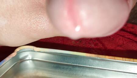 2 spunk loads on metal tray oozing cum while edging, then releasing big mighty huge super extreme close-up cumshot, sperm