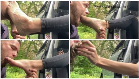 EXCLUSIVE: Happy taxi driver sniffs and licks Emily's stinky nylon ped socks