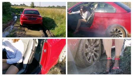 HOT PREMIERE: Sexy real estate got her luxury BMW cabrio stucked hard in deep mud