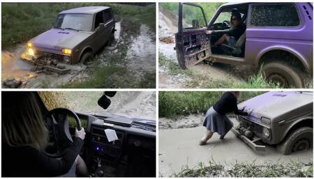 SEXY PREMIERE: SEXY GIRL STUCK HARD IN DEEP MUD DRIVING LADA NIVA