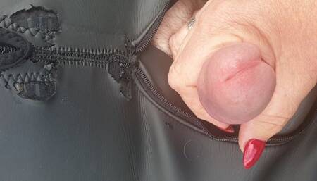 Miss M handjob and cock head polishing on man in bondage sack