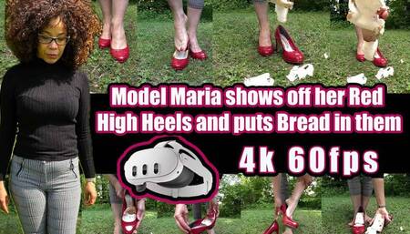 4K 60fps | Model Maria shows off her red high heels and puts bread in them Then she puts her high heels back on barefoot and crushes the bread