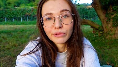 ALONE? Outside on the fields i presnet my huge labia teen pussy and clit