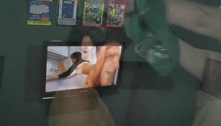 In the porn sex booth a German brunette MILF jumps and rides a horny cock to shove it into her hot pussy eager for sex