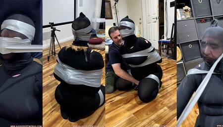 Head to toe in stockings, then bound with duct tape, while my mouth is stuffed full