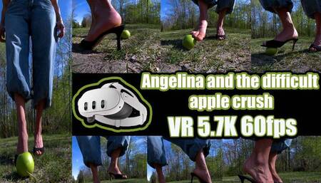 VR 5,7K 3D Virtual Reality - Angelina and the hard apple that's almost impossible to crush She tries barefoot, with her sandals, and her weight, but the apple remains steadfast until the end