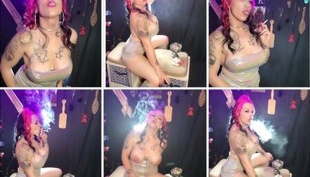 Chain smoking masturbation with creamy nose exhales and dangling